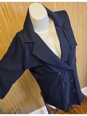Pearl Double-Breasted Navy Blue Blouse Shirt Lapel Size M Classic Minimalist